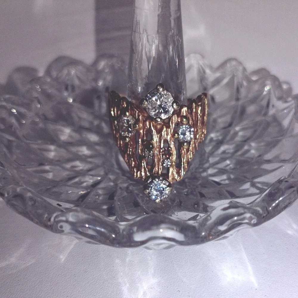 Vintage  Custom  Women's  14  Karat  Gold  Textured  Diamond  Statement  Ring